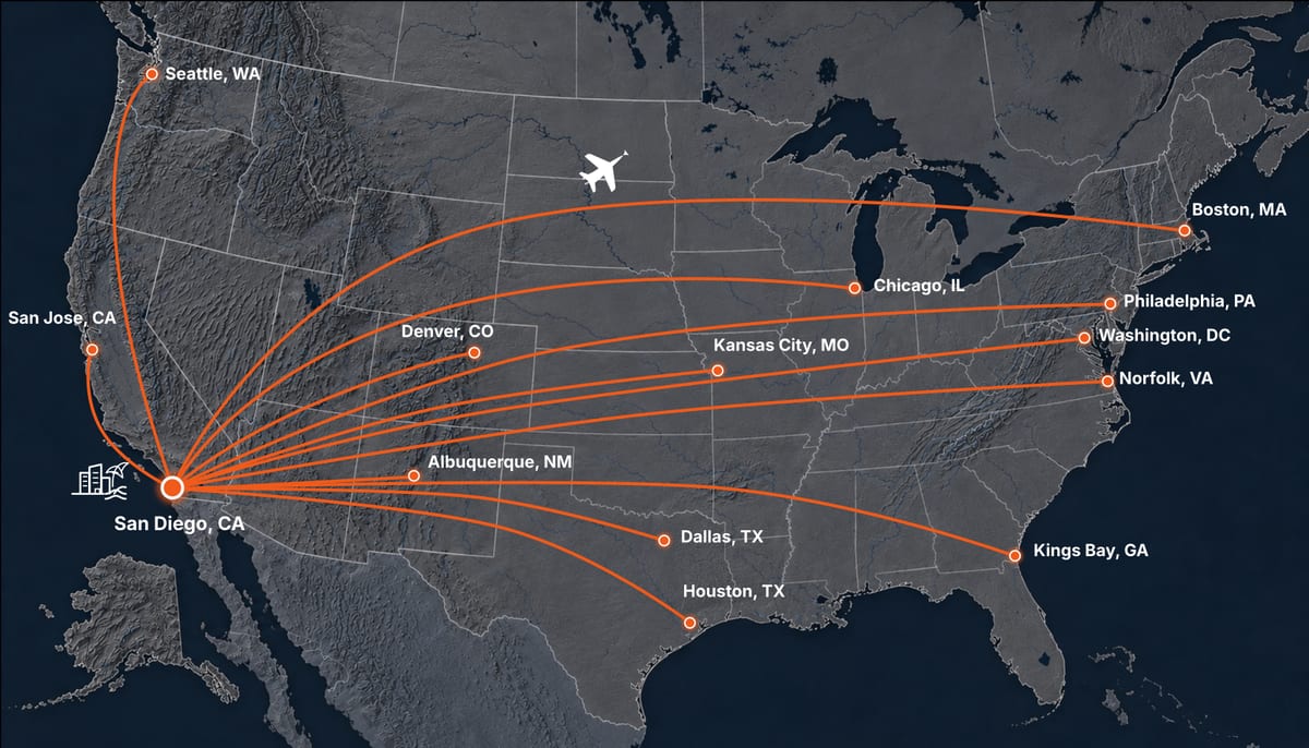 Map of the United States showing bisArray engagements reaching from San Diego to cities nationwide