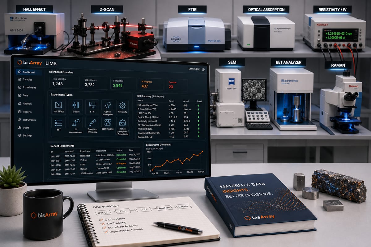 A custom LIMS unifying ten materials-characterization techniques for DOE