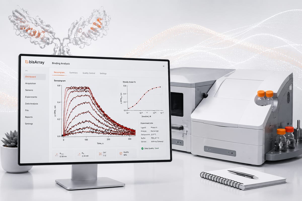 Full instrument and analysis software for a label-free biomolecular-binding platform