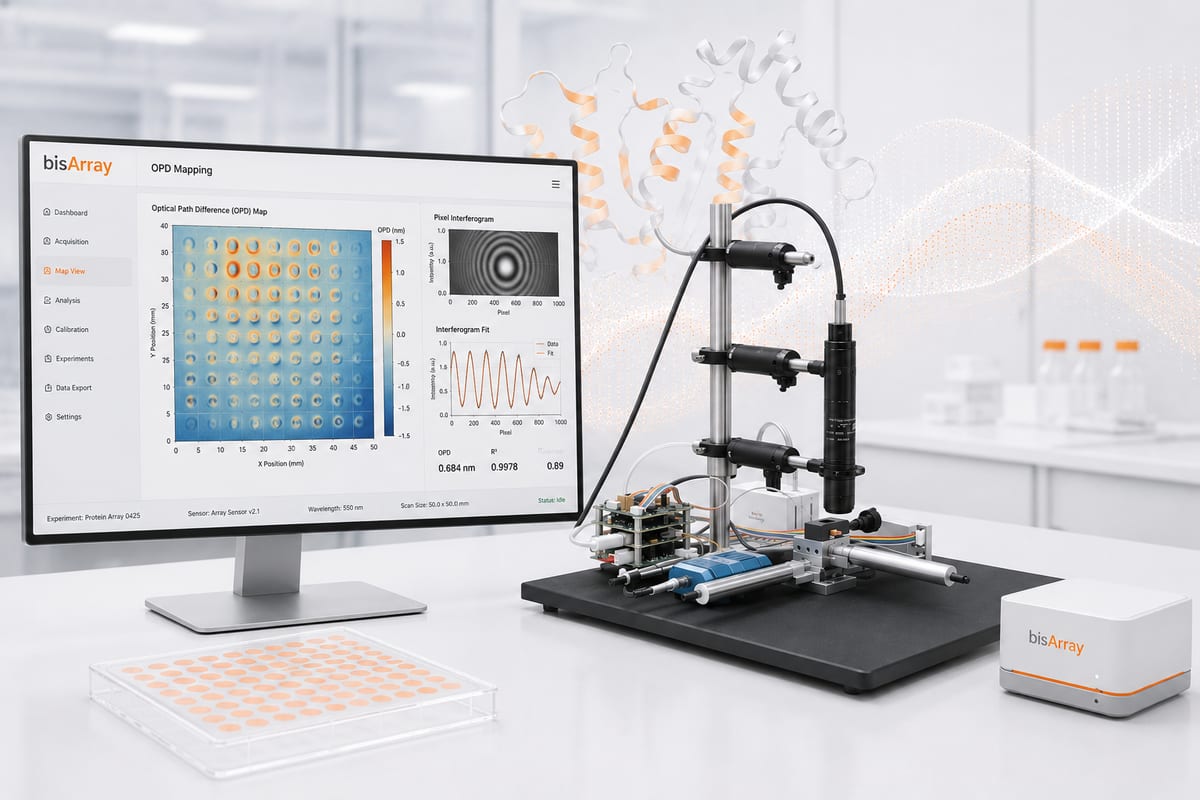 An interferometric testbed for protein-microarray spot metrology